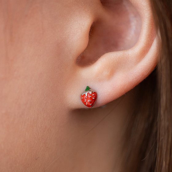 Серебряные серьги - пусеты "Клубничка" с эмалью 765 №4