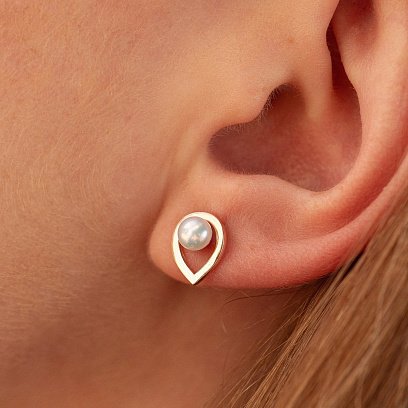 Серьги - пусеты "Капельки" с жемчугом (красное золото) с09054 №4