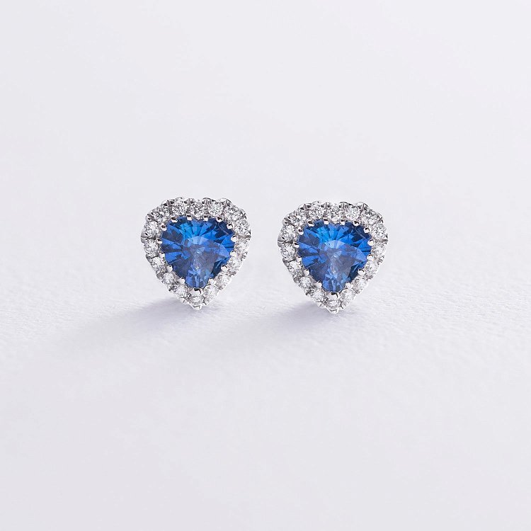 Золоті сережки-пусети "Сердечка" (сапфір, діамант) сб0262lg від ювелірного магазину Онікс