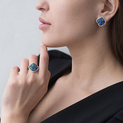 Золота каблучка з сапфірами, діамантами і уваровітом кб0087gm №2