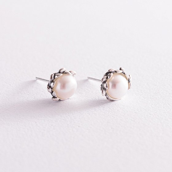 Серебряные серьги - пусеты с жемчугом 123065 №5