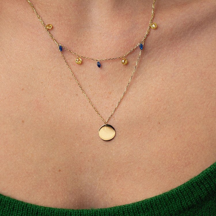 Двойное золотое колье "Украинка" с монеткой (синие и желтые фианиты) кол02325 от ювелирного магазина Оникс - 5
