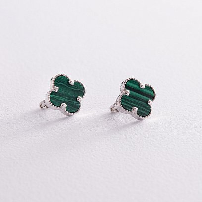 Серебряные серьги "Клевер" (малахит) 122841