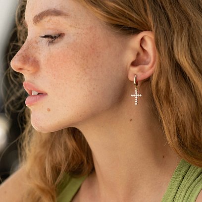 Серьги "Крестики" с фианитами (желтое золото) с08569 №2