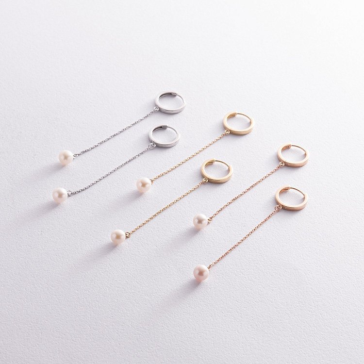 Серьги - кольца "Жемчужина на цепочке" в красном золоте с08355 от ювелирного магазина Оникс - 5