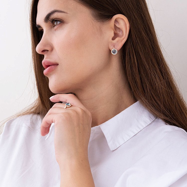 Золоті сережки з блакитними і білими фіанітами с07467 від ювелірного магазину Онікс - 1