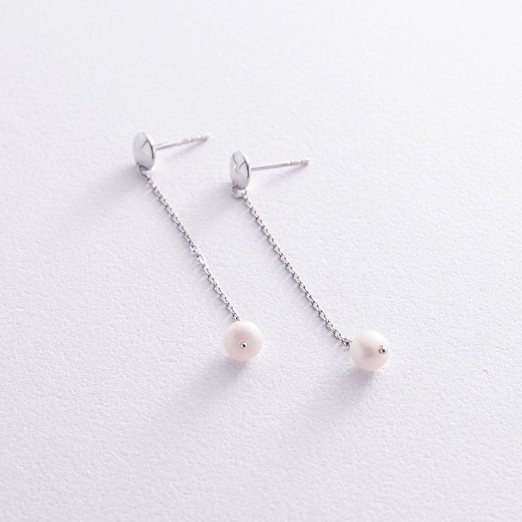 Сережки - пусети "Перлина на ланцюжку" у білому золоті с08302 від ювелірного магазину Онікс - 6