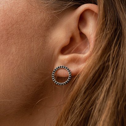 Серебряные серьги - пусеты "Круговорот" (черные фианиты) 064510 №4