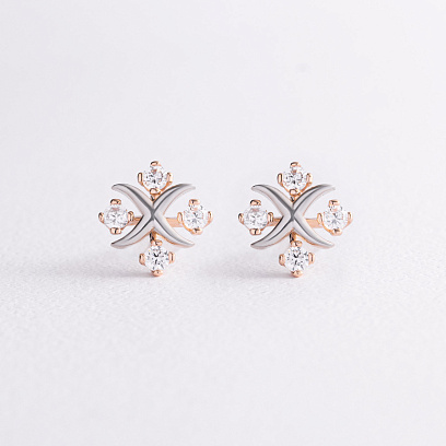 Серьги - пусеты "Клевер" с фианитами (красное золото) с09677