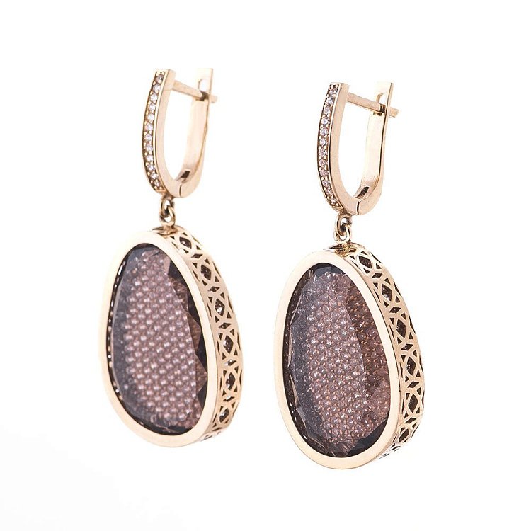 Золоті сережки з фіанітами і димчастим кварцом с03339 від ювелірного магазину Онікс