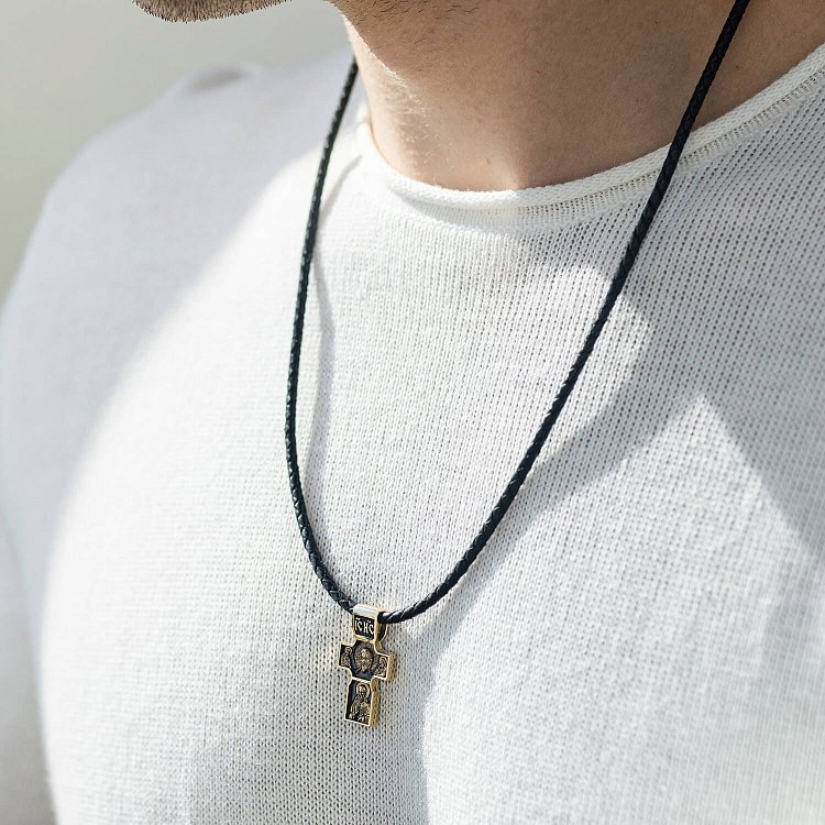 Золотой православный крест "Спас Нерукотворный. Святитель Николай Чудотворец. Георгий Победоносец" п03840 от ювелирного магазина Оникс - 1