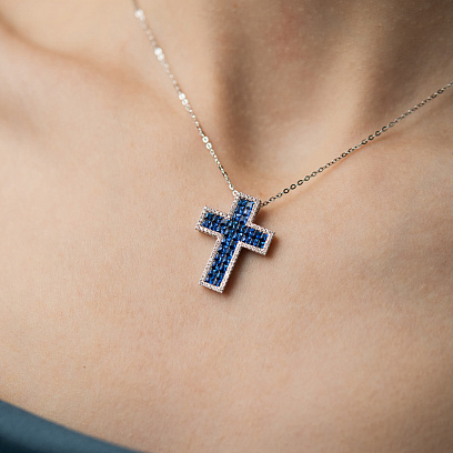 Золоте кольє "Хрестик" з діамантами і сапфірами колб0182mi №4