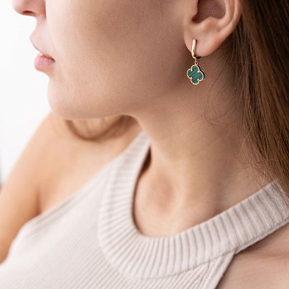 Золотые серьги "Клевер" с малахитом с05485 №2