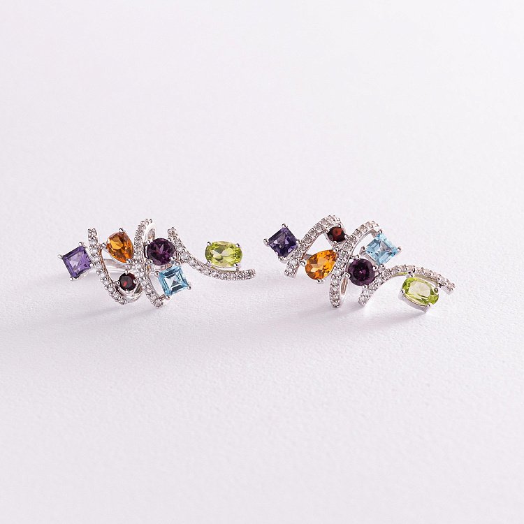 Золоті сережки (діаманти, аметист, топаз блакитний, цитрин, хризоліт, альмандин, піроп) с728 від ювелірного магазину Онікс - 2