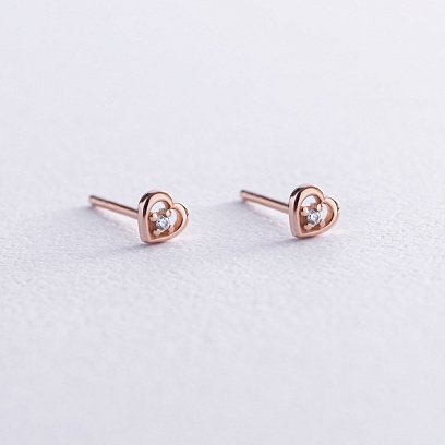 Сережки - пусети "Сердечки" у червоному золоті (фіаніти) с07937