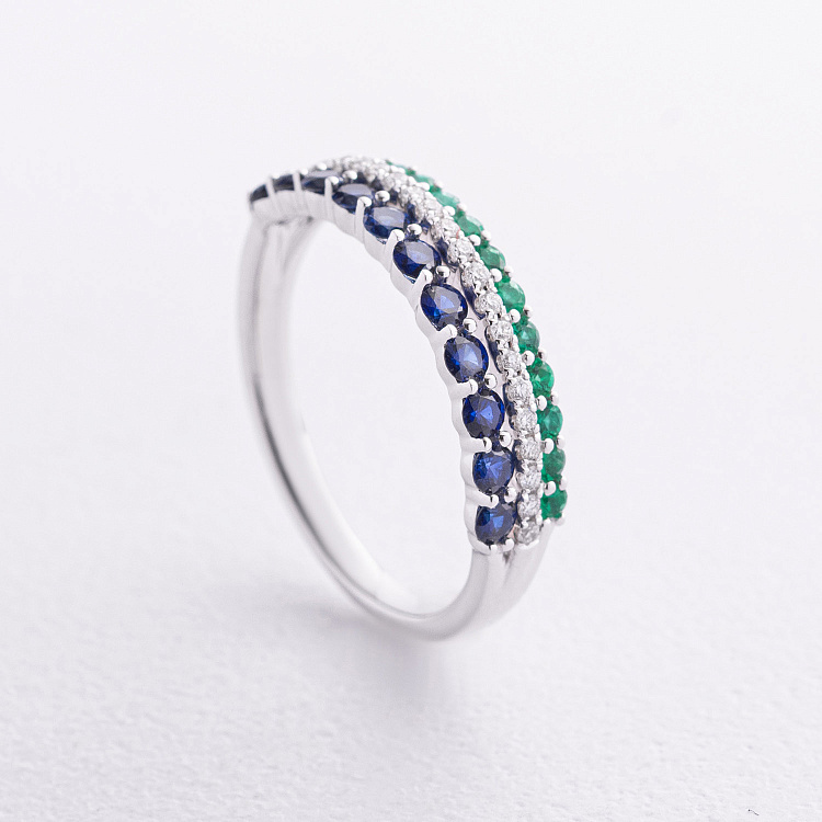 Каблучка в білому золоті (діаманти, смарагди, сапфіри) кб0677lg від ювелірного магазину Онікс