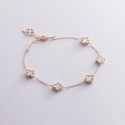 Браслет "Клевер" с перламутром mini (желтое золото) б05243