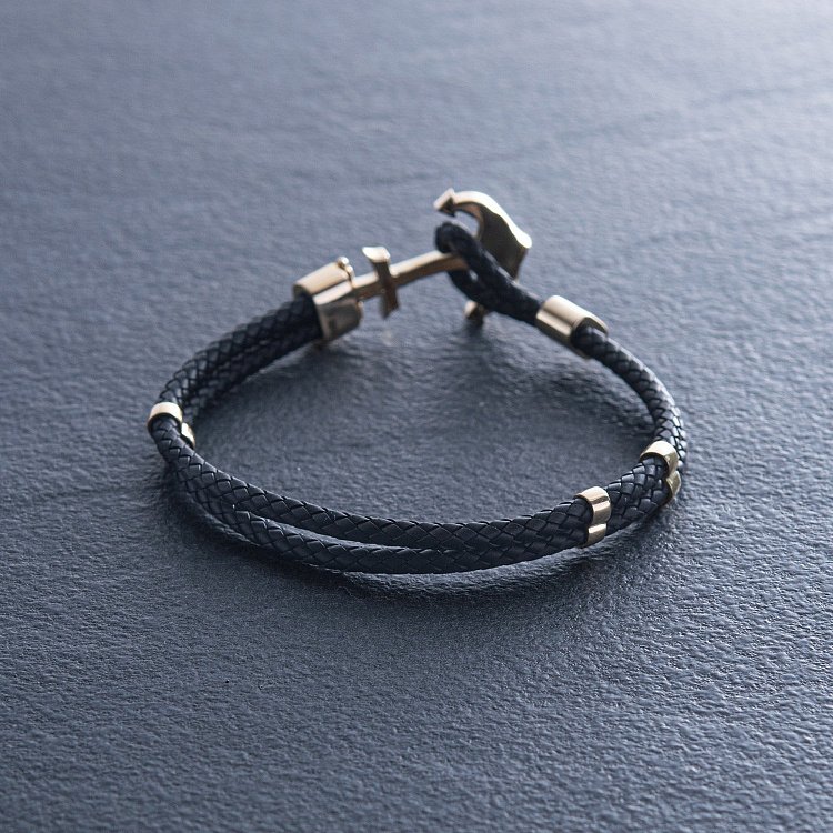 Шкіряний браслет "Якір" із золотою вставкою б02749 - 2 Шкіряний браслет "Якір" із золотою вставкою б02749 від ювелірного магазину Онікс - 2