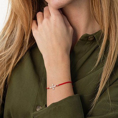 Золотой браслет "Крестик" с красной нитью (фианиты) б05139 №2