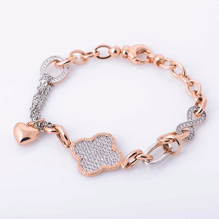 Браслет "Клевер" с красного и белого золота с фианитами б02417 от ювелирного магазина Оникс