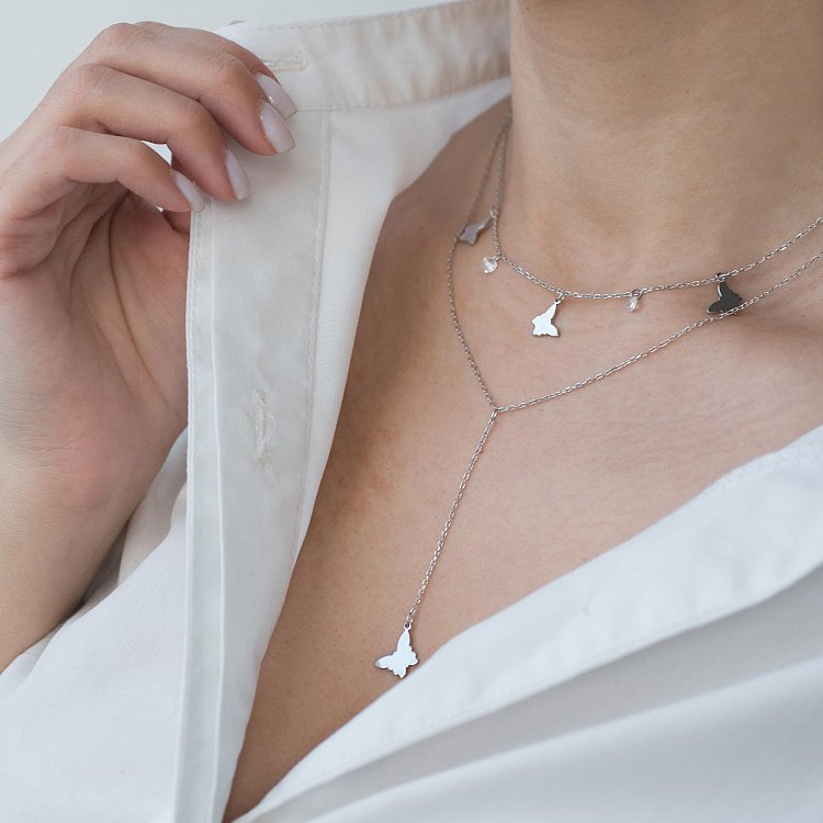 Подвійне срібне кольє "Метелики" з фіанітами 18954 від ювелірного магазину Онікс - 1