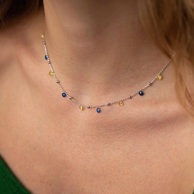 Золоте кольє "Незалежна" з кульками (сині та жовті фіаніти) кол02337 від ювелірного магазину Онікс - 3