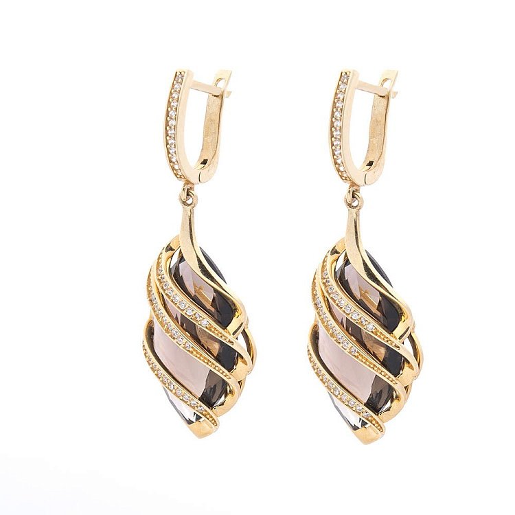 Золоті сережки (димчастий кварц, фіаніти) с03333 від ювелірного магазину Онікс