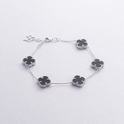 Браслет "Конюшина" з оніксом (біле золото) б05438