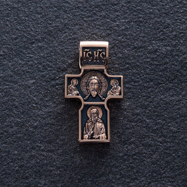 Золотий православний хрест "Спас Нерукотворний. Святитель Миколай Чудотворець. Георгій Переможець" п03824 від ювелірного магазину Онікс - 2