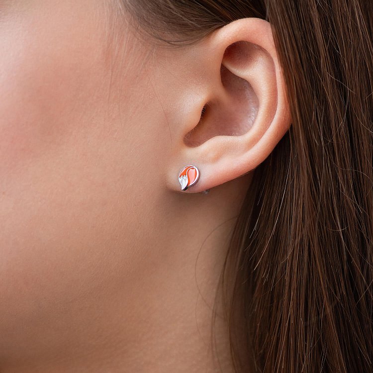 Детские серьги - пусеты "Лисичка" в серебре (эмаль) 1066 от ювелирного магазина Оникс - 3