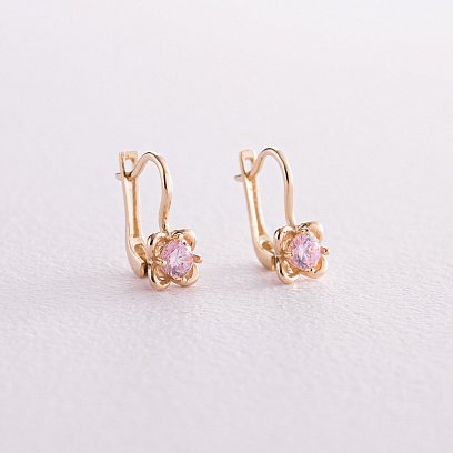 Детские золотые серьги "Цветочки" (розовые фианиты) с08064р