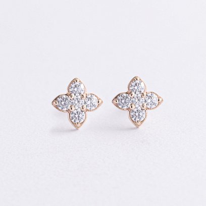Серьги - пусеты "Клевер" с фианитами (желтое золото) с09066
