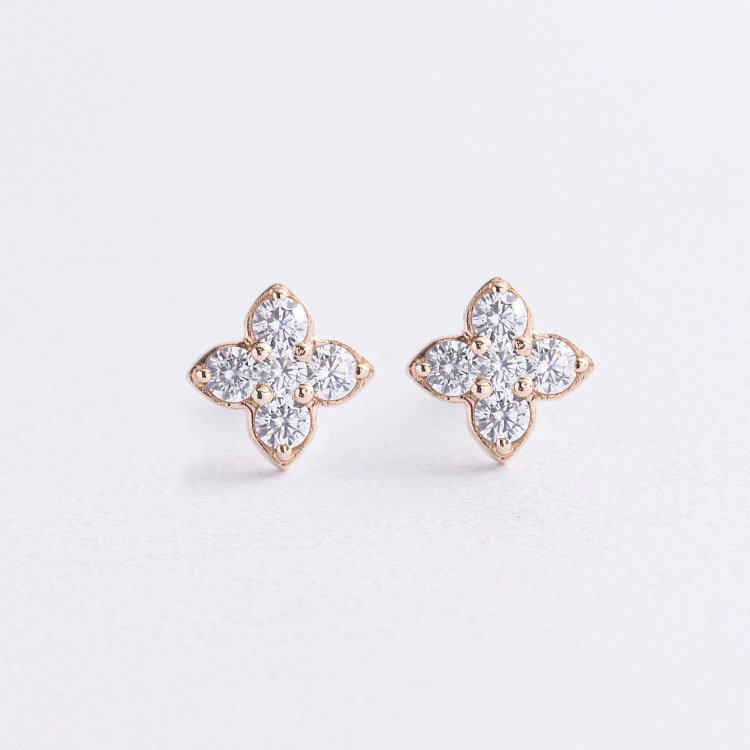 Серьги - пусеты "Клевер" с фианитами (желтое золото) с09066 от ювелирного магазина Оникс