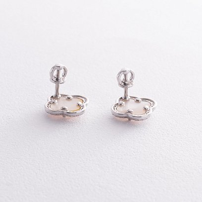 Серебряные серьги - пусеты "Клевер" (перламутр, фианиты) 158/1п №3