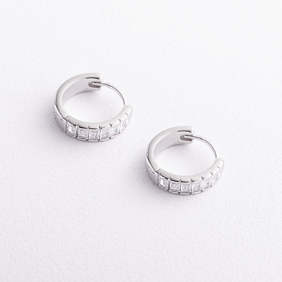 Серебряные серьги - кольца с фианитами 123557 №2