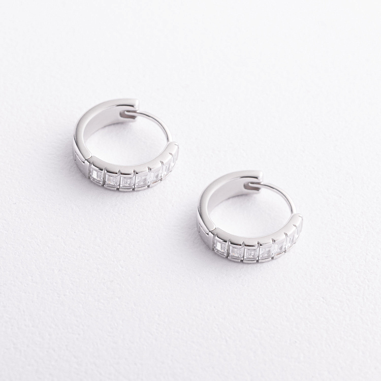 Серебряные серьги - кольца с фианитами 123557 от ювелирного магазина Оникс - 1