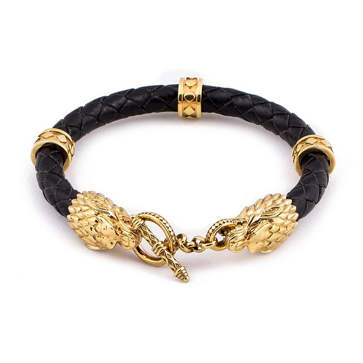 Кожаный браслет Wolf  с серебряными вставками (позолоченный) t21-1 от ювелирного магазина Оникс