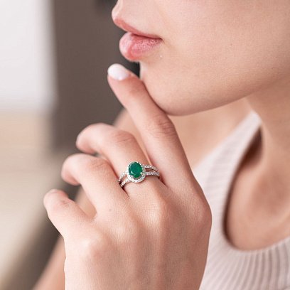 Серебряное кольцо с агатом и фианитами 1351/1р-GRAG №2