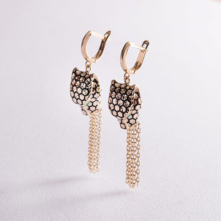 Золотые серьги "Пантеры" (эмаль, фианиты) с07711 от ювелирного магазина Оникс