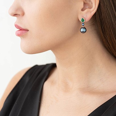 Золотые серьги (жемчуг, изумруд, бриллиант) сб0489di №6