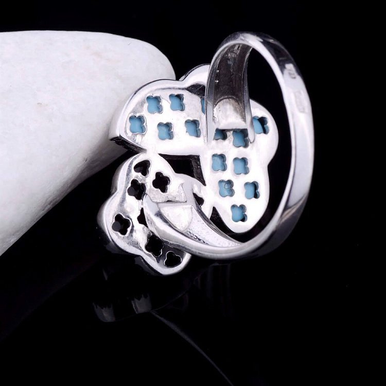 Кольцо "Клевер и бабочка" (им. бирюза, оникс, родий) 111632 от ювелирного магазина Оникс - 2