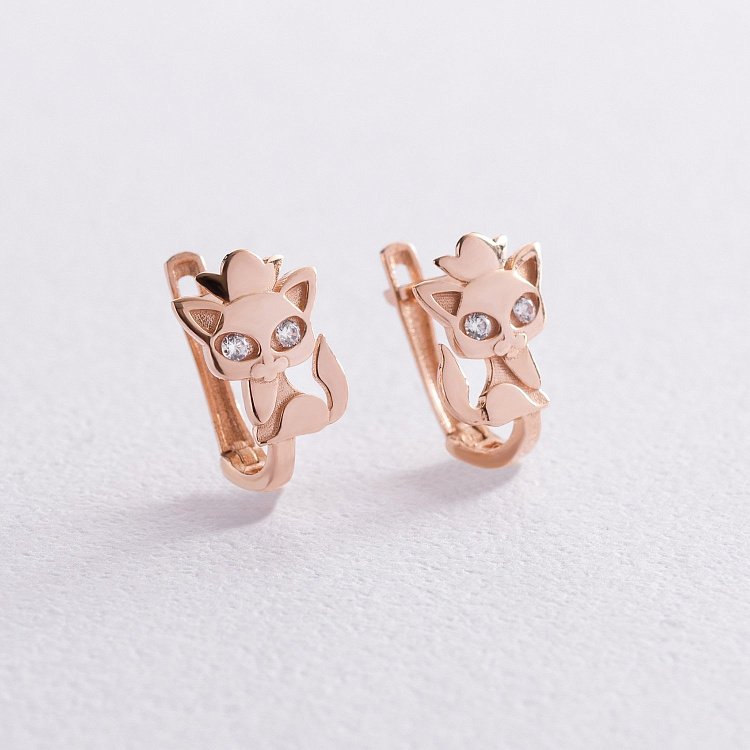 Детские золотые серьги "Котята" (белые фианиты) с07547 от ювелирного магазина Оникс