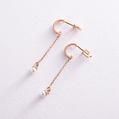 Золотые серьги - пусеты "Миранда" с жемчугом на цепочке с07939 №5