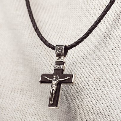 Чоловічий православний хрест "Розп'яття. Спаси і Збережи" з ебенового дерева та срібла 1339 №2