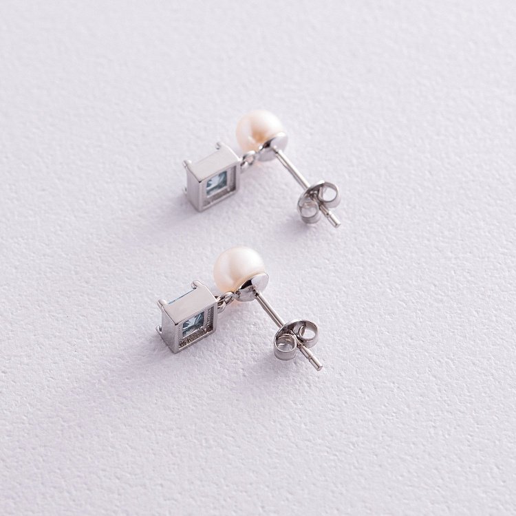 Золотые серьги - пусеты "Альма" (голубые фианиты, жемчуг) с08250 от ювелирного магазина Оникс - 4