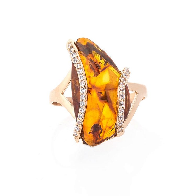 Золота каблучка (бурштин, фіаніти) к05603 від ювелірного магазину Онікс - 2