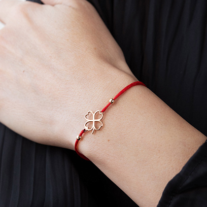 Золотой браслет "Клевер" с красной нитью б05737 №2