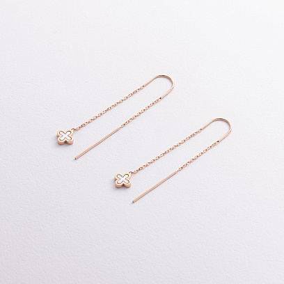 Золоті сережки - протяжки "Конюшина" з перламутром с08149