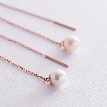 Серьги - протяжки с жемчугом (красное золото) с08268 №3