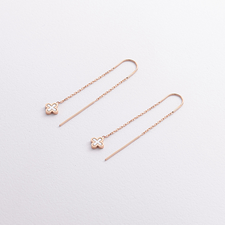 Золоті сережки - протяжки "Конюшина" з перламутром с08149 від ювелірного магазину Онікс